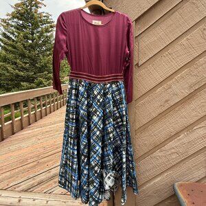 RARE EUC Vintage Niu Long-Sleeve Contrast Midi-Dress w/ Full Skirt